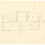 Study for sideboard in wood, glass and brass, with parallelepiped body on fusiform legs divided into two horizontal sections with sliding doors - photo 1