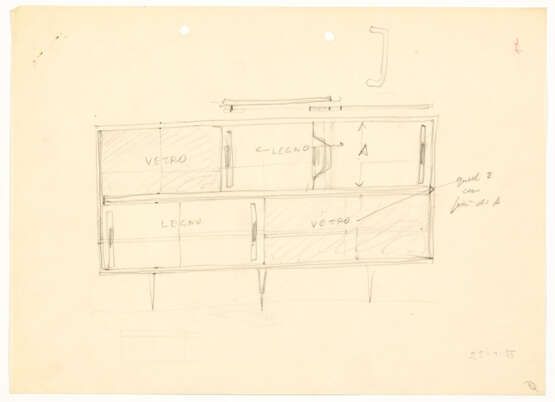 Study for sideboard in wood, glass and brass, with parallelepiped body on fusiform legs divided into two horizontal sections with sliding doors - photo 1