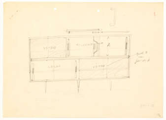 Study for sideboard in wood, glass and brass, with parallelepiped body on fusiform legs divided into two horizontal sections with sliding doors