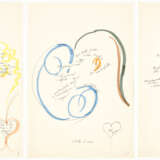 Three drawings dedicated to the senses and feelings, depicting two female and one male profiles respectively, with handwritten aphorisms by the author's hand around the heart, breast, mouth, nose, eye, head and ear - фото 1