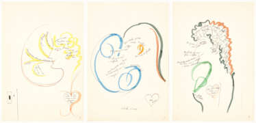 Three drawings dedicated to the senses and feelings, depicting two female and one male profiles respectively, with handwritten aphorisms by the author's hand around the heart, breast, mouth, nose, eye, head and ear