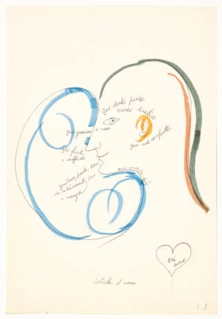 Three drawings dedicated to the senses and feelings, depicting two female and one male profiles respectively, with handwritten aphorisms by the author's hand around the heart, breast, mouth, nose, eye, head and ear - photo 2