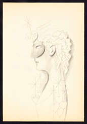 Recto-verso drawing depicting a female augural profile on the recto, with a mask and crossed hearts; on the reverse notes dedicated to a proposal for the 1976 edition of the Milan Triennale and a silhouette of a car