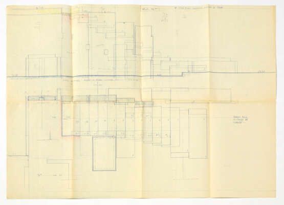 Heliocopy of drawing with notes by Carlo Scarpa, pencil notes by unidentified hand with plan of the staircase with instructions for the assembly of the steps and section with internal view of the supporting blocks in Aurisina stone - photo 1