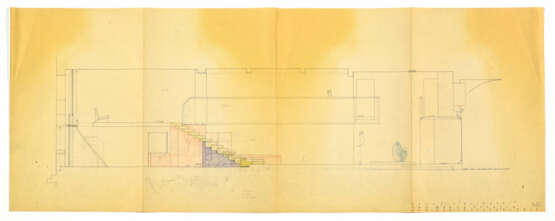 Longitudinal section with heliocopy studies of the project presented in the Municipality in April 1957, for the staircase and for the service space facing the canal - photo 1