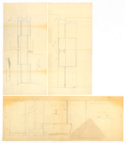 Lot consisting of three sheets: the first and the second made by collaborators of Carlo Scarpa with studies for the cladding of the central pillar in Aurisina stone slabs interspersed with courses in muntzmetall; the third a heliocopy with notes by Ca - Foto 1