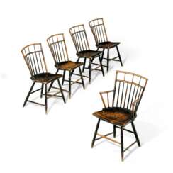 A SET OF FIVE BAMBOO SIMULATED PAINT-DECORATED ASH AND PINE WINDSOR CHAIRS