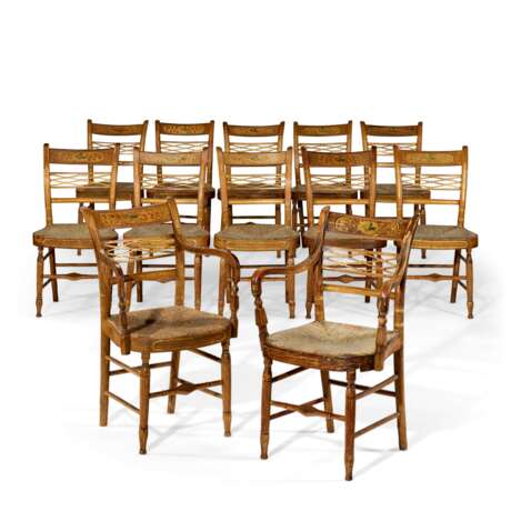 AN ASSEMBLED SET OF TWELVE CLASSICAL PAINT AND GILT DECORATED DINING CHAIRS - photo 1