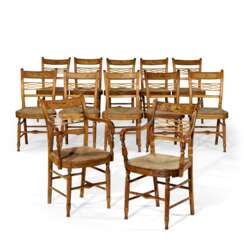 AN ASSEMBLED SET OF TWELVE CLASSICAL PAINT AND GILT DECORATED DINING CHAIRS
