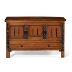 A JOINED AND TURNED OAK, PINE AND MAPLE CHEST WITH DRAWER