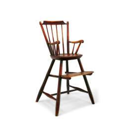 A RED-PAINTED CHERRYWOOD AND ASH WINDSOR HIGH CHAIR