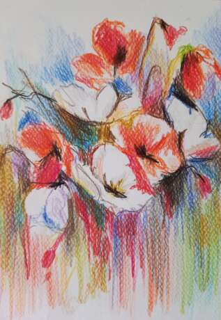 Drawing “Red poppies”, Paper, Color pencil, Contemporary art, Flower still life, Ukraine, 2021 - photo 1