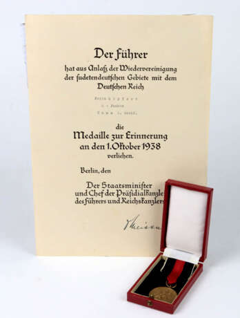Sudetenland - Medaille mit Verleihungsurkunde - Foto 1
