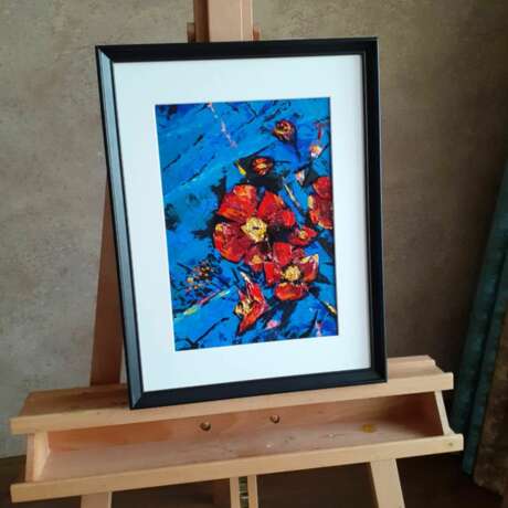 Gemälde „Rote Blumen“, Grundierte Hartfaserplatte, Öl, Abstrakter Expressionismus, цветы мастехином, Russland, 2021 - Foto 2