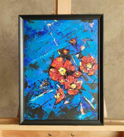 Gemälde „Rote Blumen“, Grundierte Hartfaserplatte, Öl, Abstrakter Expressionismus, цветы мастехином, Russland, 2021 - Foto 7