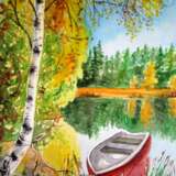 Gemälde „Herbstlandschaft mit Boot“, Акварель на бумаге, Aquarellmalerei, Zeitgenössische Kunst, Landschaftsmalerei, Ukraine, 2021 - Foto 1