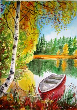 Gemälde „Herbstlandschaft mit Boot“, Акварель на бумаге, Aquarellmalerei, Zeitgenössische Kunst, Landschaftsmalerei, Ukraine, 2021 - Foto 1