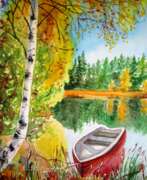Peinture à l'aquarelle. Осенний пейзаж с лодкой