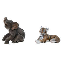 ROSENTHAL 2 Tierfiguren 'Junger Tiger' und 'Junger Elefant', um 1940.