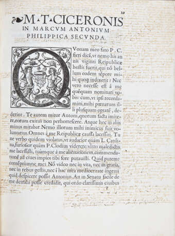 CICERONE, Marco Tullio (106 A.C.-43 A.C.) - Philippicae, diligentissime ad exemplar fidelius repositae. Paris: Michael Vascosan for Jodocus Badius, 1537.  - фото 1