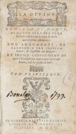 DANTE ALIGHIERI (1265-1321) - La divina Commedia di Dante. Venice: Gabriel Giolito Ferrari, 1555.  - Foto 1