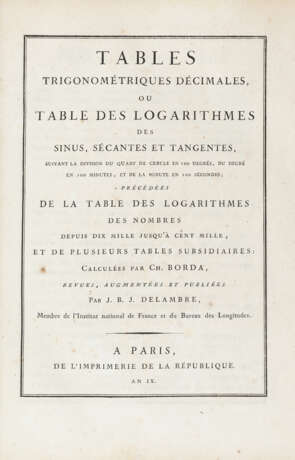 BINDING - BORDA, Jean-Charles (1733-1799); DELAMBRE, Jean-Baptiste (1749-1822) - Tables trigonometriques. Paris: Imprimerie de la Republique, Anno IX (1799-1800).  - photo 3