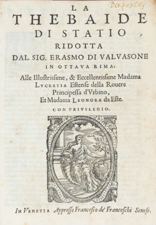 STAZIO, Publio Papino (45 ca.- 96 ca.) - La Thebaide di Statio. Venice: Francesco de' Franceschi, s.d. (ma 1570?).  - Foto 1