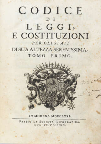 MODENA - BAGNESI, Clemente - Codice di leggi e costituzioni per gli stati di Sua Altezza Serenissima. Modena: Società Tipografica, 1771.  - photo 2