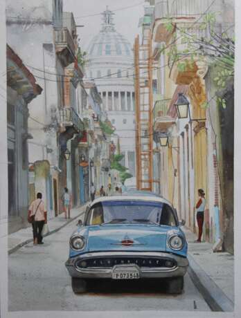 Старый автомобиль на улицах Гаваны Акварель на бумаге Aquarell Photorealismus современный реализм Usbekistan 2021 - Foto 1