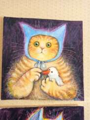 A cat with a duckling. Painting for the nursery.