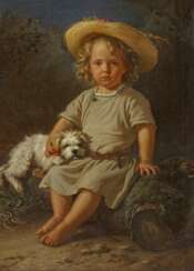 Portrait of a Boy with Summer Hat and Dog