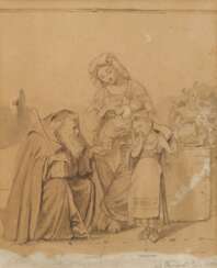 Mutter mit ihren Kindern und einem Mönch