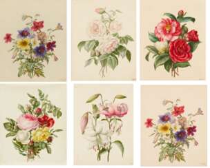 Fünf Aquarelle: Blumenstudien mit Rosen, Lilien und Trompetenzungen