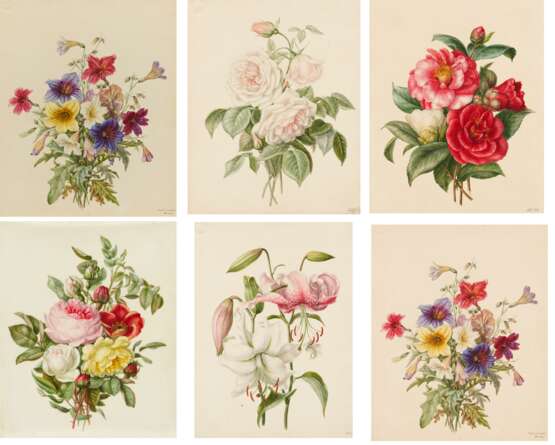 Fünf Aquarelle: Blumenstudien mit Rosen, Lilien und Trompetenzungen - Foto 1