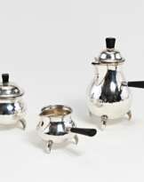 Three-piece silver Art Deco service with wooden handles
