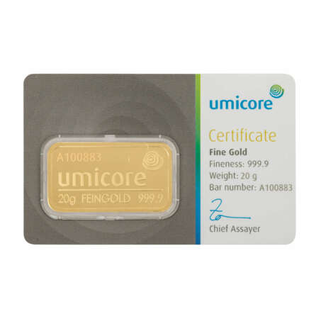 GOLD - 20 Gramm Barren Umicore, - photo 1