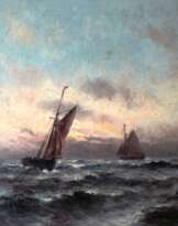 Картина “Парусники в штормящем море” Steppe Romain (1859-1927 г.). Швеция.  Картина “Парусники в штормящем море” Steppe Romain (1859-1927 г.). Швеция.