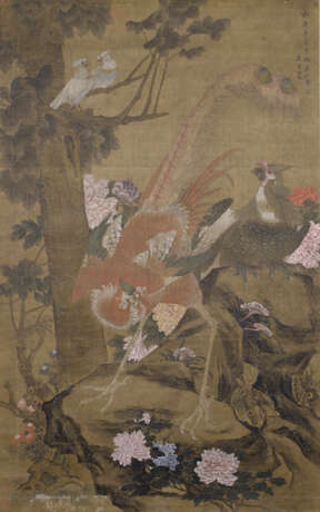 Paar anonyme Malereien von Kranichpaar und Phoenix unter Parasolbaum auf Seide, gerahmt - фото 2