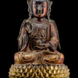 Partiell feuervergoldete Bronze des Guanyin und feuervergoldeter Lotossockel - Foto 1