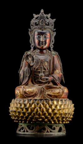 Partiell feuervergoldete Bronze des Guanyin und feuervergoldeter Lotossockel - Foto 1