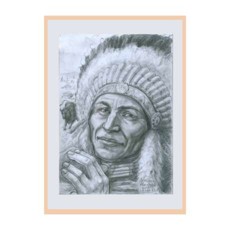 Bleistiftzeichnung „Вождь племени Шауни с трубкой мира“, Papier, Bleistift, Realismus, Жанровый портрет, Kanada, 2011 - Foto 1