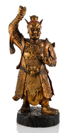 Große Figur der taoistischen Gottheit Marschalls Wang LinGelbgolduang aus Holz mit Lackauflage - Foto 1