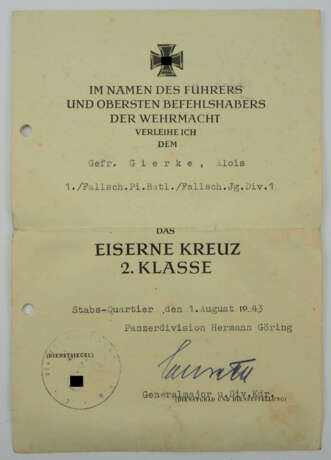 Eisernes Kreuz, 1939, 2. Klasse Urkunde für einen Gefreiten der 1./ Fallschirm-Pionier-Bataillon / Fallschirm-Jäger-Division 1. - photo 1