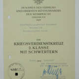 Kriegsverdienstkreuz, 2. Klasse mit Schwertern Urkunde für einen Kraftwagenfahrer i.A. der Fronthilfe - Fernkraftpost Osten. - photo 1