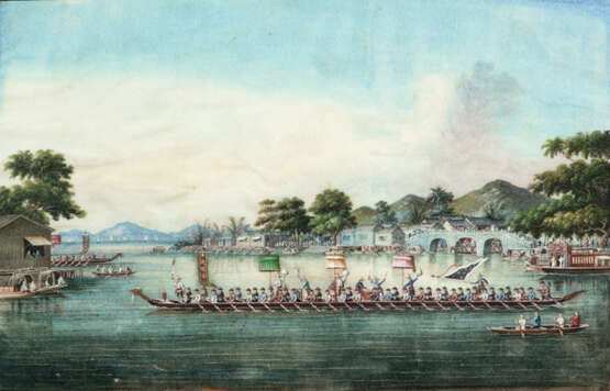 Zwei feine Reisblatt-Malereien: Hafenansicht und Wettkampf mit Drachenbooten - Foto 1