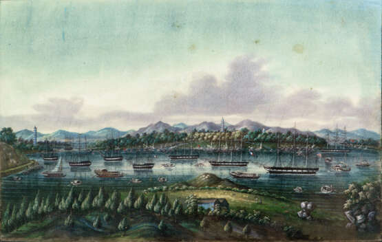 Zwei feine Reisblatt-Malereien: Hafenansicht und Wettkampf mit Drachenbooten - photo 2