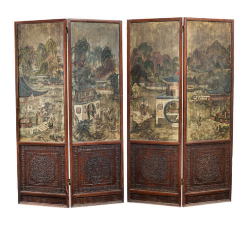 Vierteiliger Stellschirm mit in Hartholz gefassten Malereien von Romanszenen - photo 1