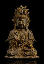 Bronze des Guanyin mit Resten von Vergoldung