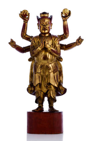 Marschall Tianyou mit 6 Armen aus Holz mit Lackauflage und Vergoldung - photo 1