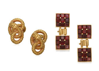 NO RESERVE | HERMÈS TWO PAIRS OF MULTI-GEM AND GOLD CUFFLINKS